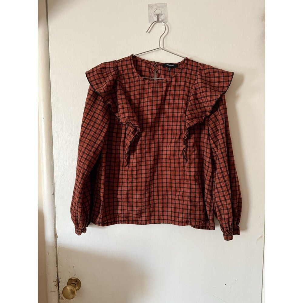 Madewell Ruffle-Front Top Plaid Warren Check Rust Long Sleeve Cotton | Small